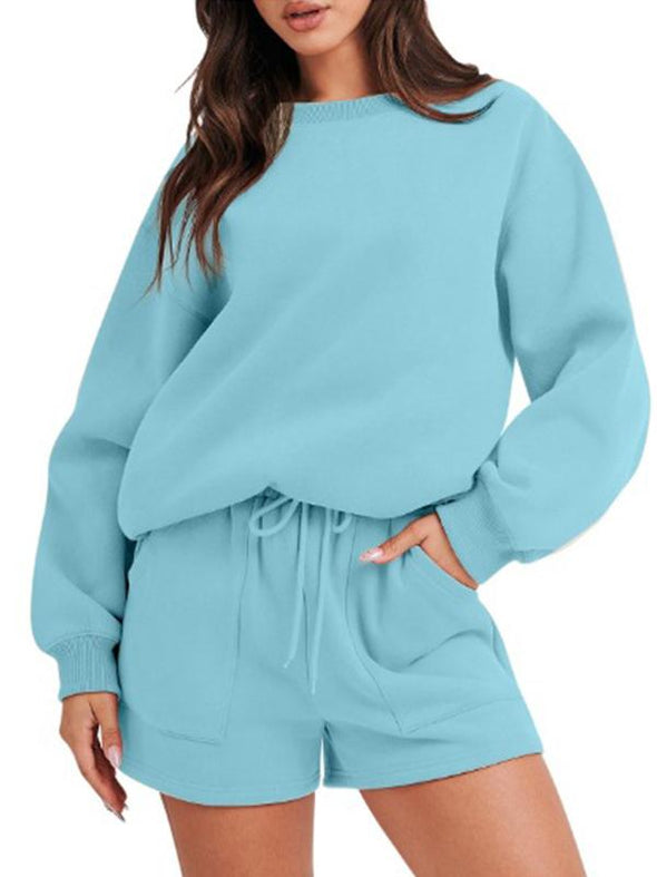 Women's round neck long sleeve casual top shorts suit
