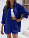Fashion Casual Solid Color Lapel Long-sleeved Shirt Elastic High-waisted Shorts Suit