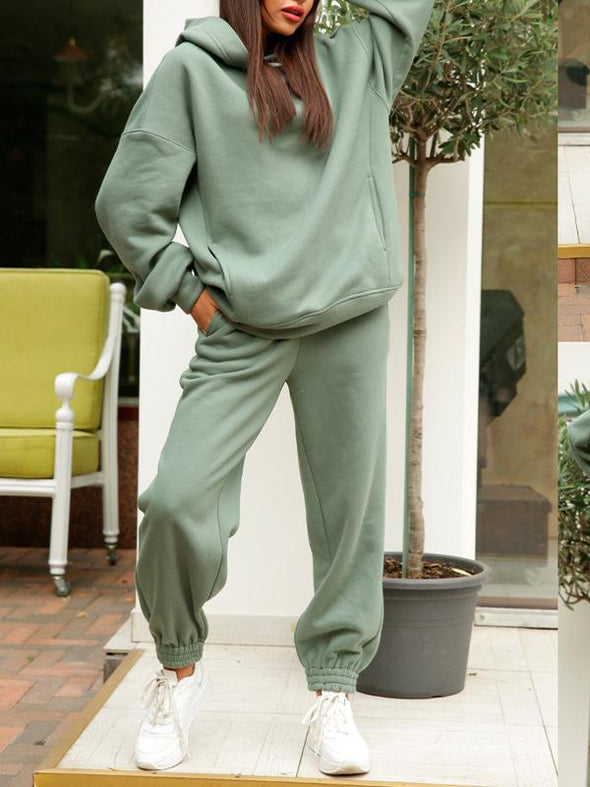 Solid Color Hooded Sweatshirt Casual Two Piece Set