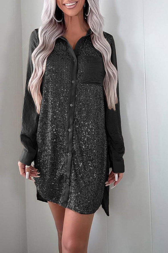 Women's Fashion Sequin Patchwork Shirt Dress