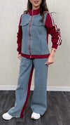 Women's Round Neck Zipper Denim Patchwork Casual Suit