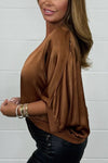 Women's Satin Diamante Button 3/4 Batwing Sleeve Top