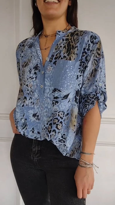 Women's V-neck Sequined Printed Casual Top