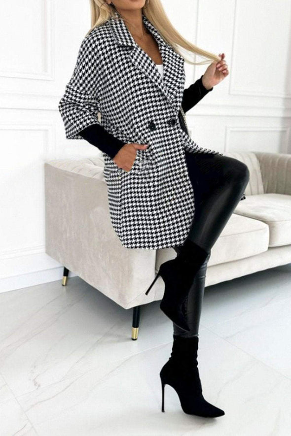 Women's Houndstooth Sleeves Knitted Patchwork Lapel Jacket