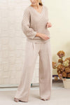 Women's Casual Fashion V-Neck Textured Top Wide-Leg Pants Knitted Two-Piece Set