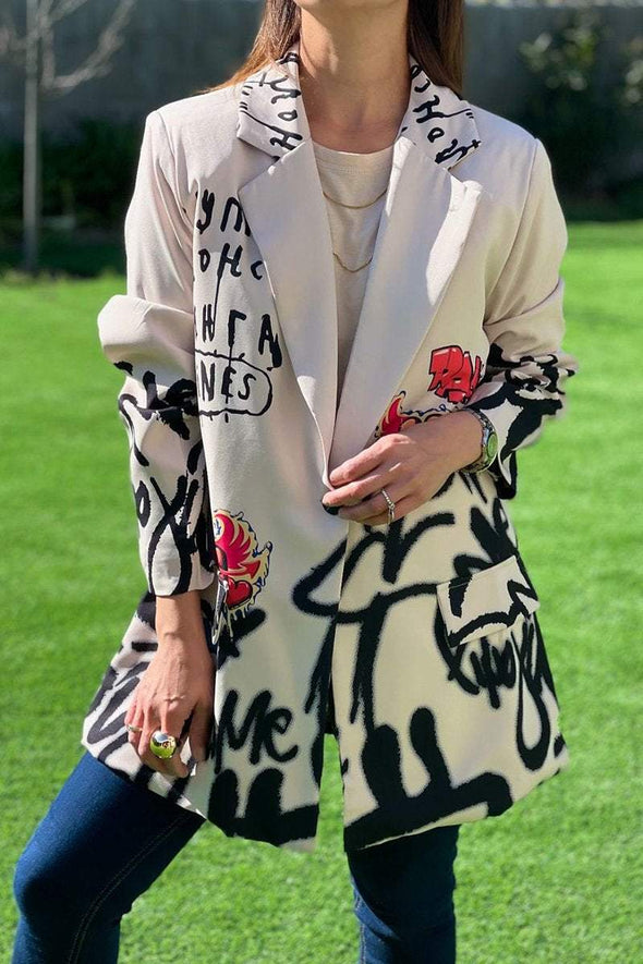 Women's Spring-fall Letter-print Blazer with Lapel