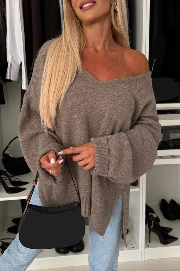 Women's V-neck Long-sleeved Knitted Slit Casual Top