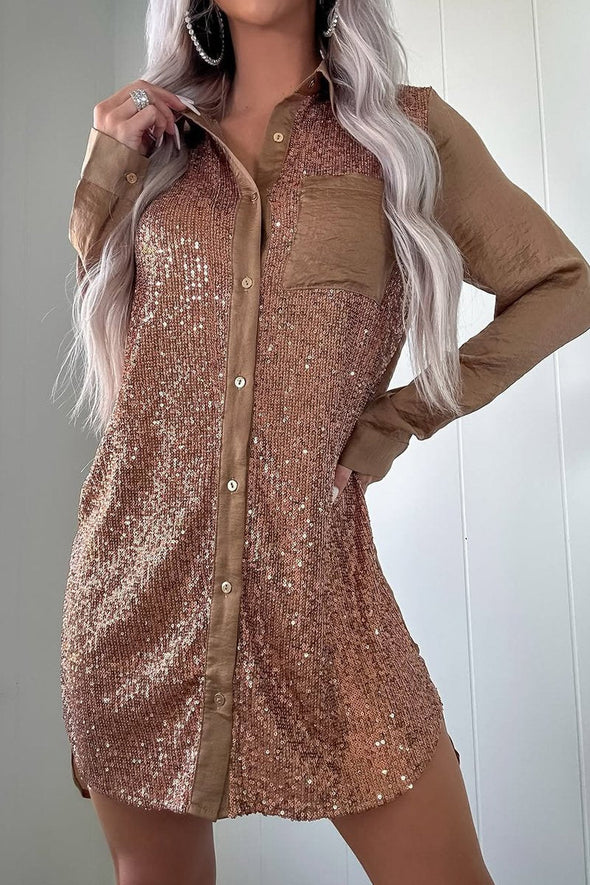 Women's Fashion Sequin Patchwork Shirt Dress