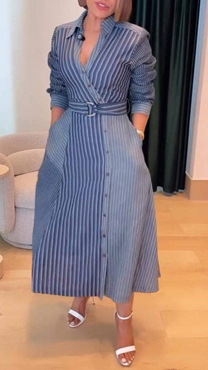 Women's Lapel Striped Patchwork Button Tie Dress