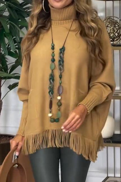 Women's casual high neck hem tassel pullover sweater