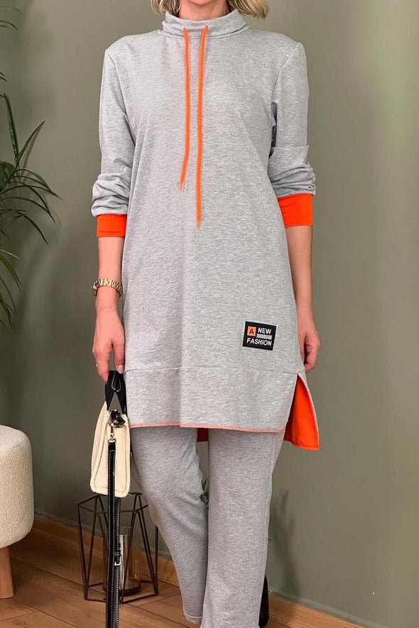 Women's Casual Contrast Long Slit Sweatshirt and Pants Set