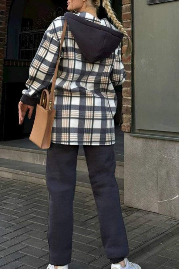 Plaid Patchwork Hooded Cardigan and Pants Two-piece Set