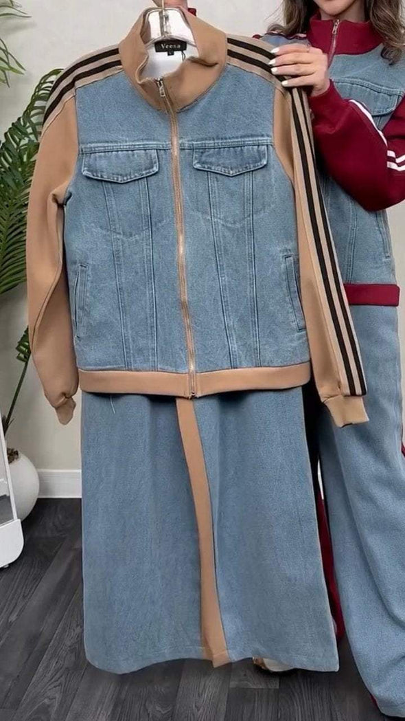 Women's Round Neck Zipper Denim Patchwork Casual Suit