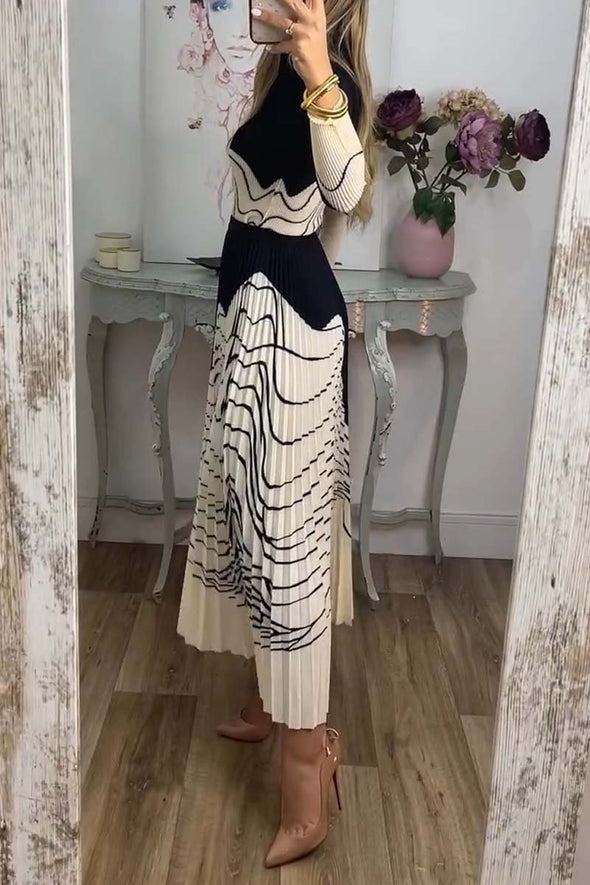 Women's Elegant Abstract Line Print Pleated Dress