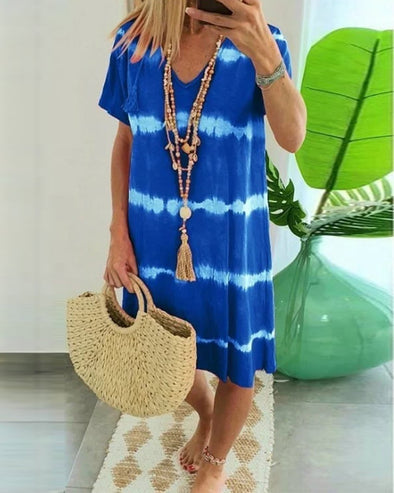 ?Tie-dye Striped Short-sleeved Loose T-shirt Dress