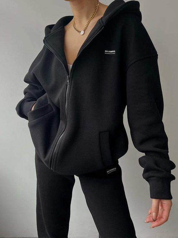 Women's long sleeve plus fleece hoodie trousers casual fashion print hooded suit
