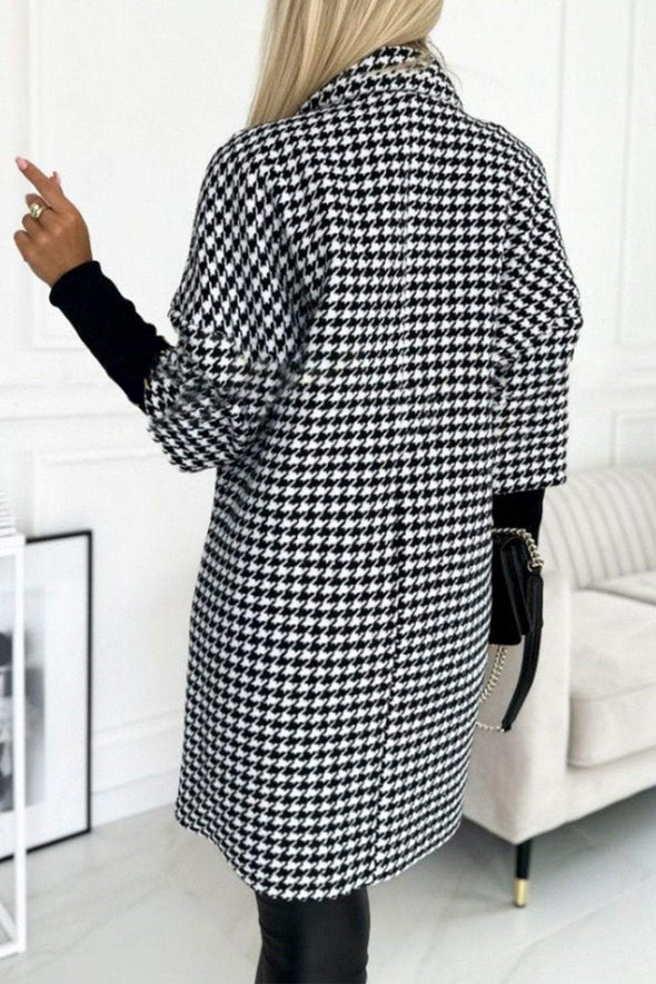 Women's Houndstooth Sleeves Knitted Patchwork Lapel Jacket