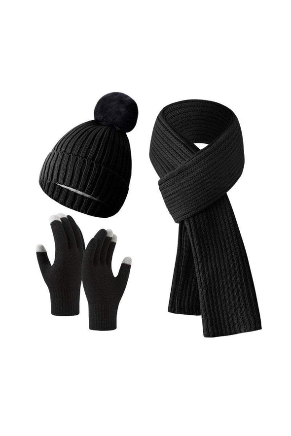 Knitted Hat, Double-layer Fleece Warm Wool Scarf, Gloves, Three-piece Set