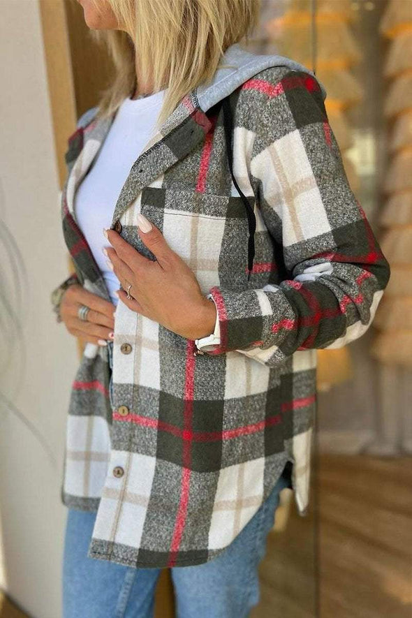 Casual Plaid Button-down Long-sleeve Hooded Shirt