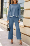 Women's Casual Long Sleeve Knit Top Wide Leg Pants Two-Piece Outfit