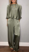 Women's Round Neck Satin Top + Trousers Casual Suit