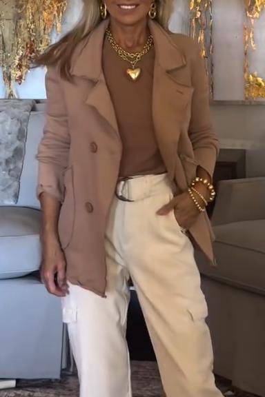 Women's Casual Solid Color Lapel Double Breasted Jacket