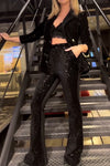 Women's Fashion Rhinestone Lapel Jacket Slightly Flared Rhinestone Pants Two-piece Set