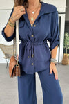 Women's solid color drawstring shirt and trousers set