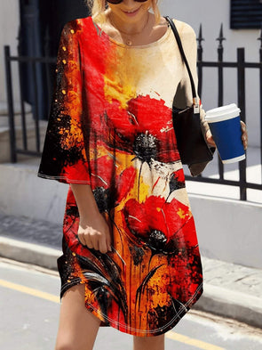 Casual Round Neck Ink Print Dress