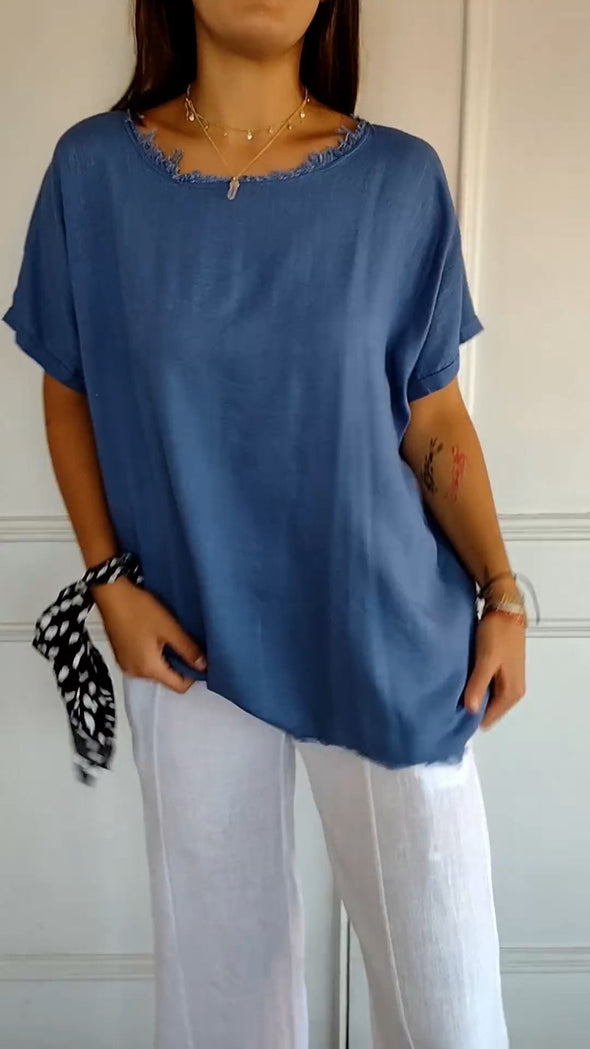 Round Neck Solid Color Cotton and Linen Top