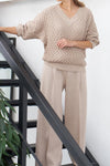 Women's Casual Fashion V-Neck Textured Top Wide-Leg Pants Knitted Two-Piece Set