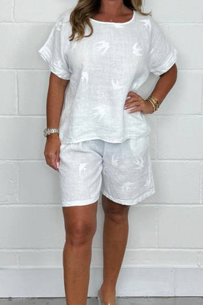 Women's Linen Print Bird Top & Shorts Co-Ord