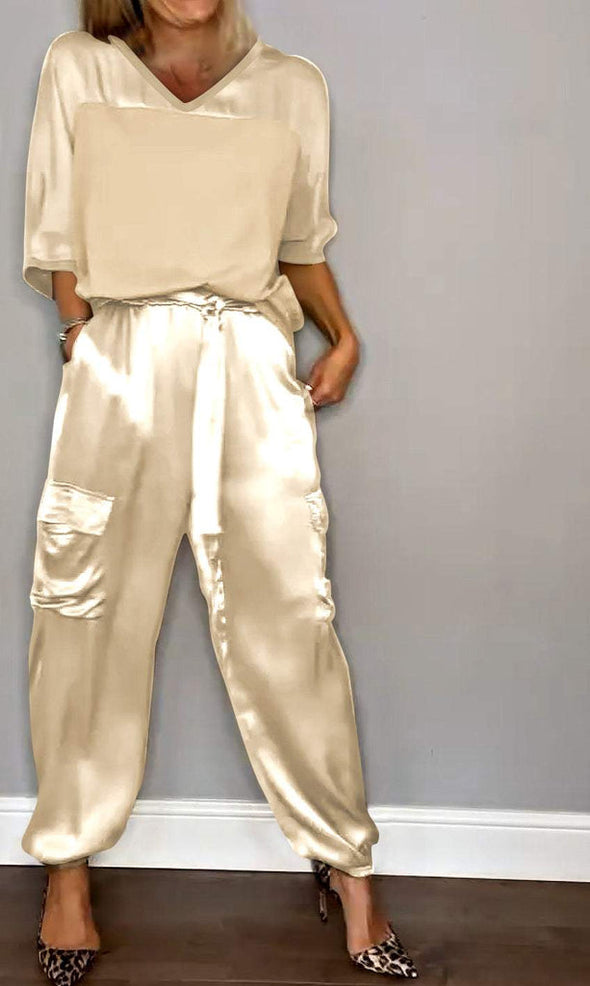 Women's Smooth Satin Half-sleeved Top and Pant Suit Two-piece