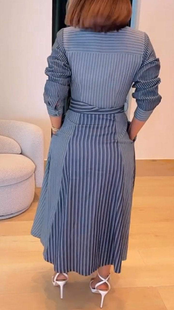 Women's Lapel Striped Patchwork Button Tie Dress