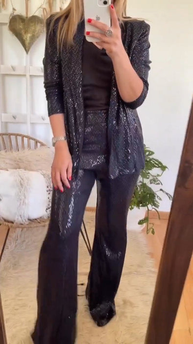 Women's Sequined Lapel Top + Trousers Set