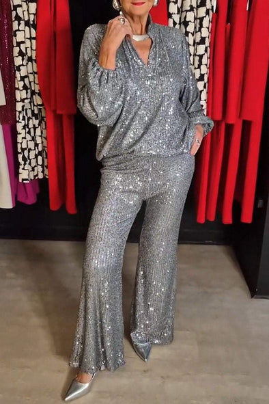 Women's Spring and Fall V-neck Top and Pants Sequined Suit