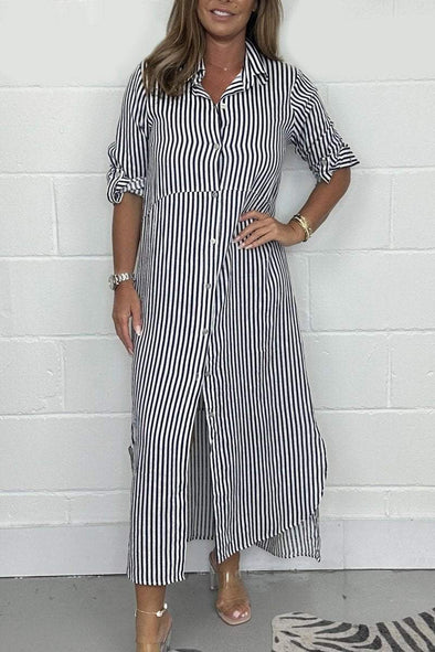 Women's Striped Button Long Shirt Dress