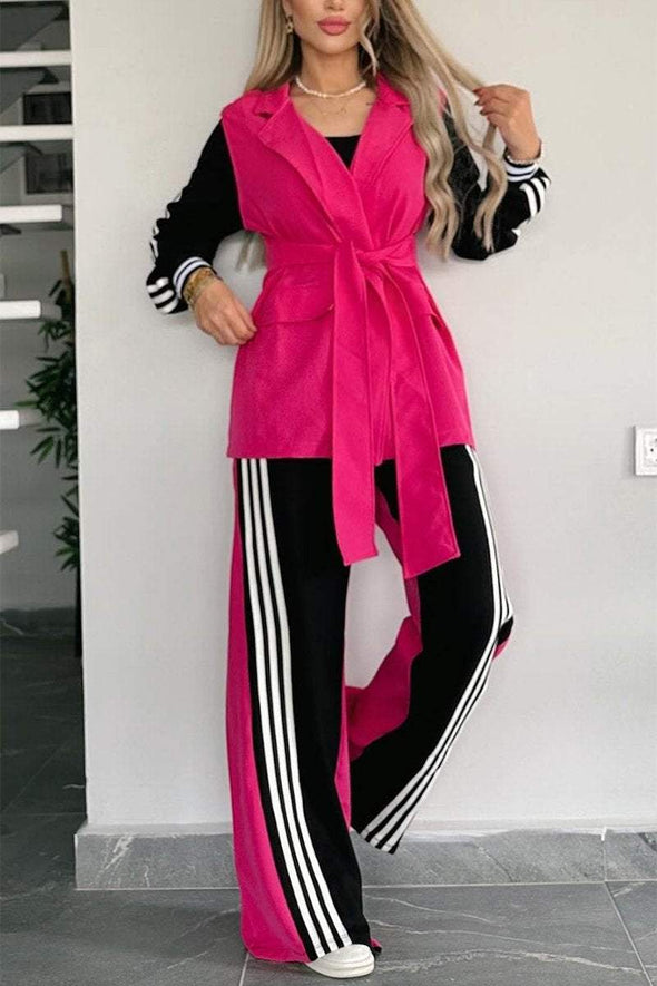 Women's Casual Contrast Color Splicing Web Pants Suit