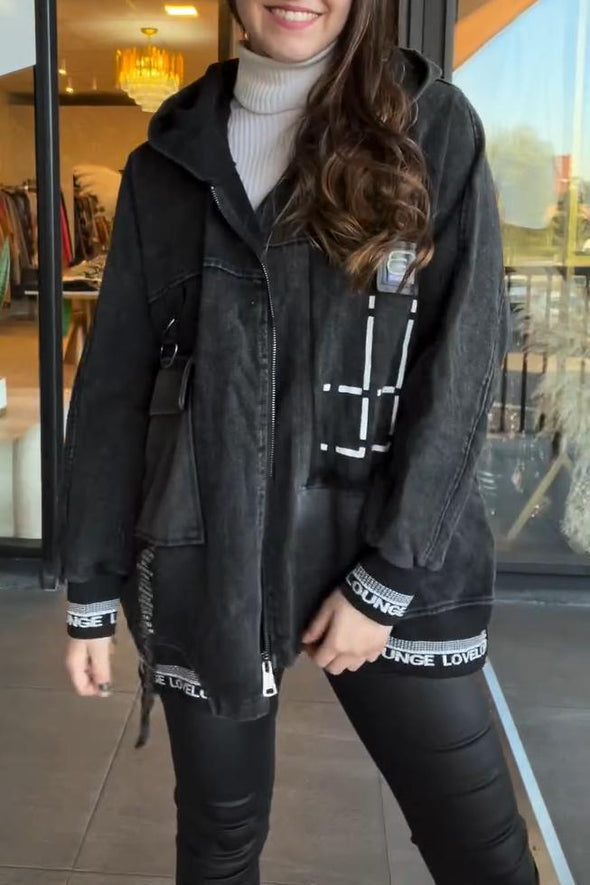 Women's Casual Solid Color Letter Stitching Hooded Jacket