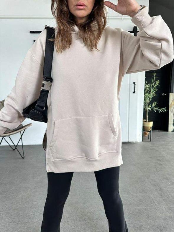 Women's Solid Color Hooded Casual Sweatshirt with Side Zipper