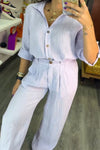 Women's Casual Lapel Solid Color Cotton and Linen Two-piece Suit