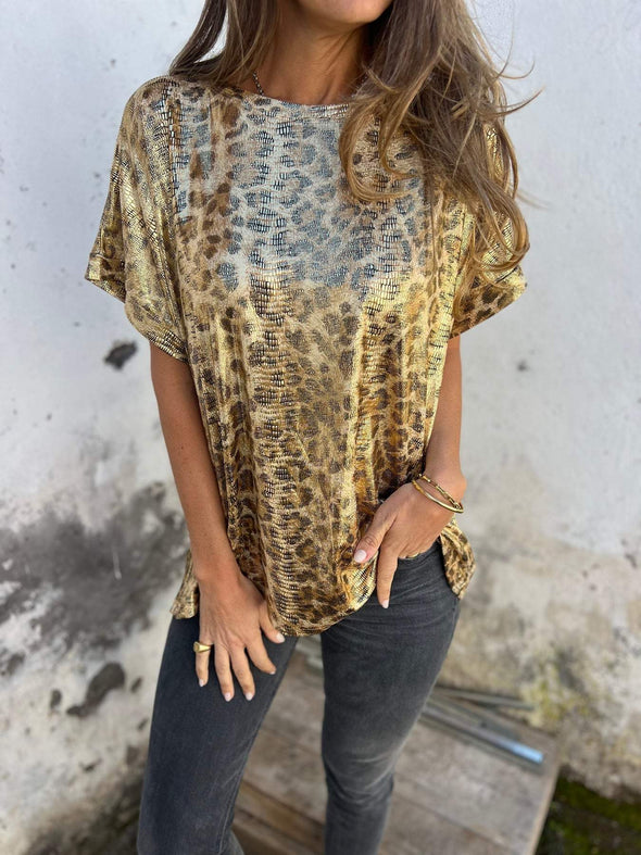 Women's Round Neck Short Sleeve Leopard Print Top