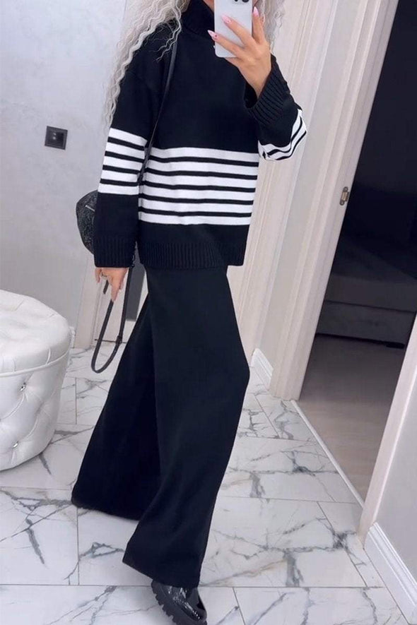 Women's Casual Knit Stripe Long Sleeve Two-Piece Set