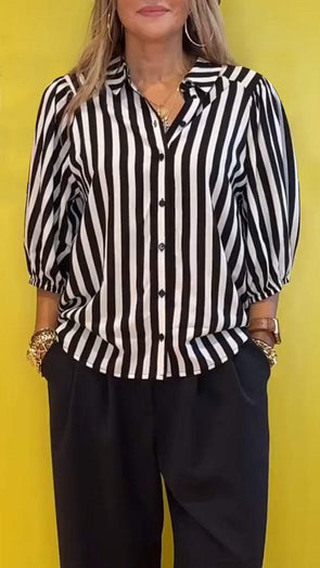 Lapel Mid-sleeve Elegant Striped Shirt