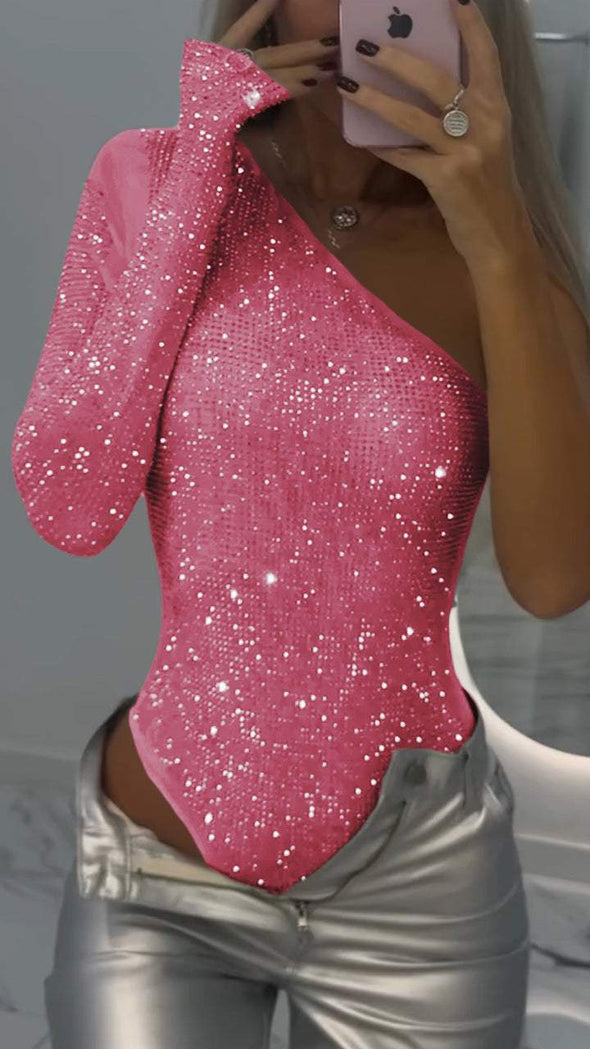 Women's One-shoulder Tight-fitting Rhinestone Top