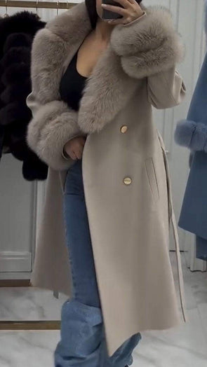 Women's Furry Long Coat with Large Lapel and Ties