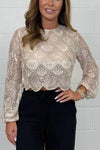 Women's Sequin & Pearl Cropped Scalloped Long Sleeve Mesh Top