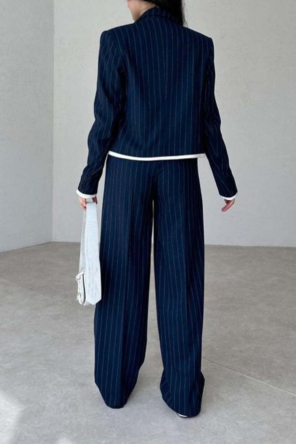 Women's Striped Contrast Blazer and Pants Set