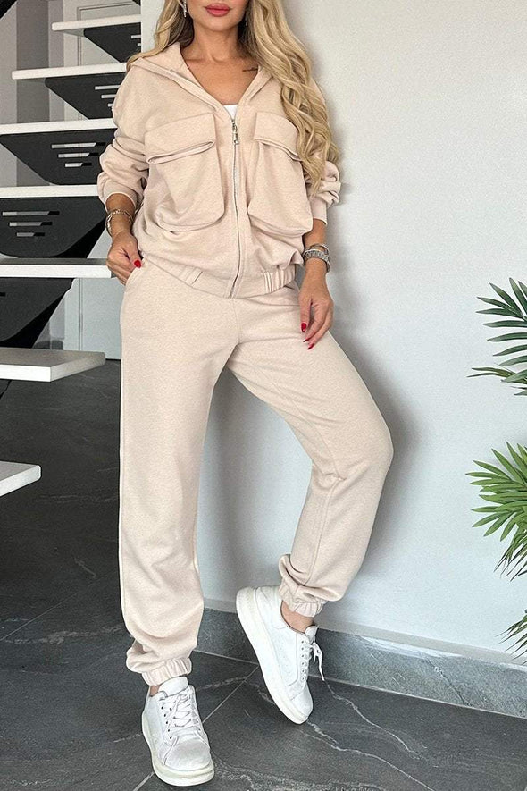 Women's Hooded Long-sleeved Multi-pocket Casual Suit