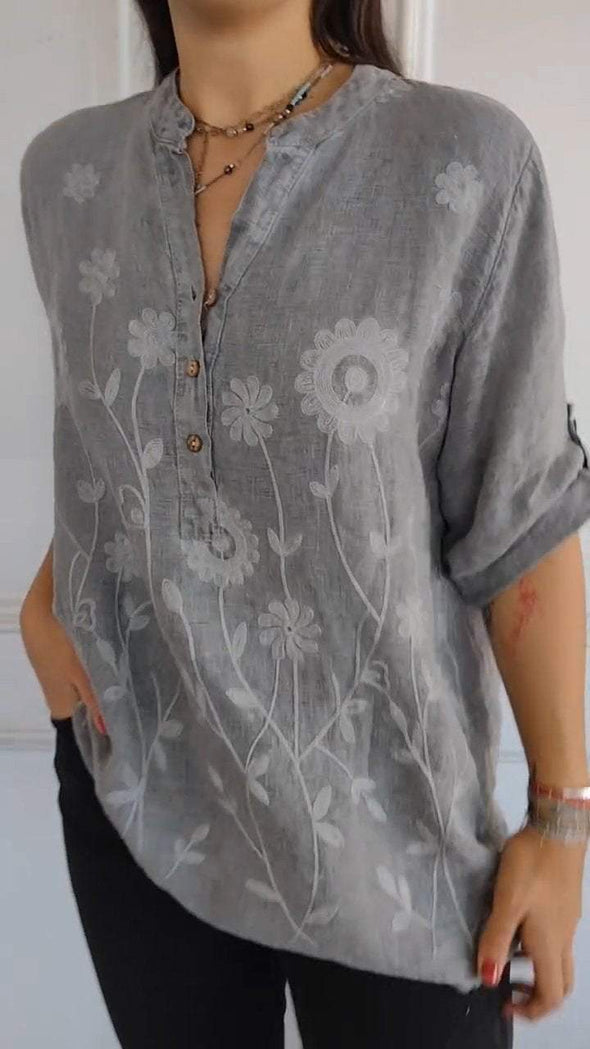 Women's V-neck Floral  Cotton and Linen Casual Top